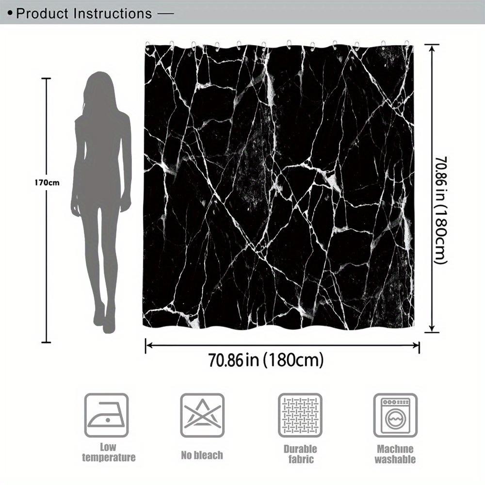 Marble Vein Shower Curtain 180X180Cm – Black & White Glossy Design, Modern Minimalist Bathroom Decor, 12 Hooks