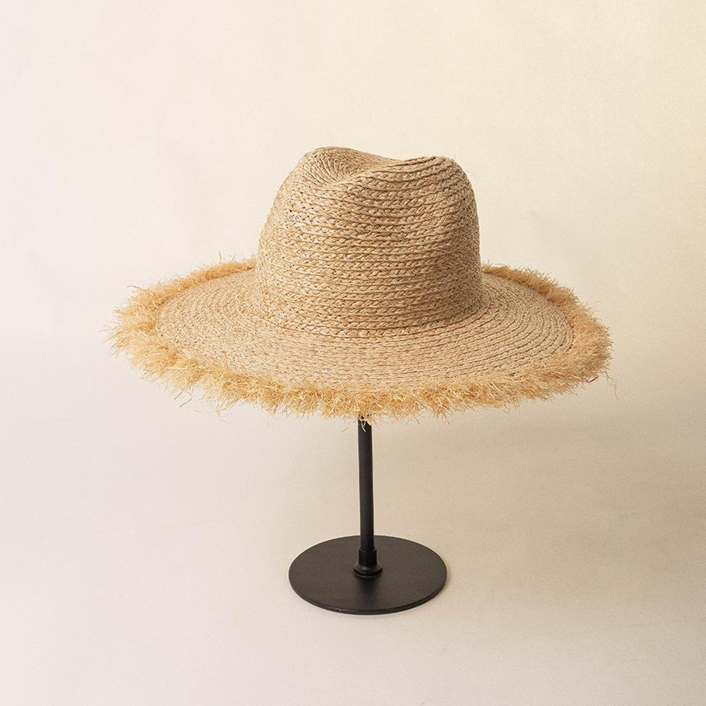 Spring and summer new light board raffia grass grinding burr edge jazz straw hat outdoor shading travel sun protection beach straw hat