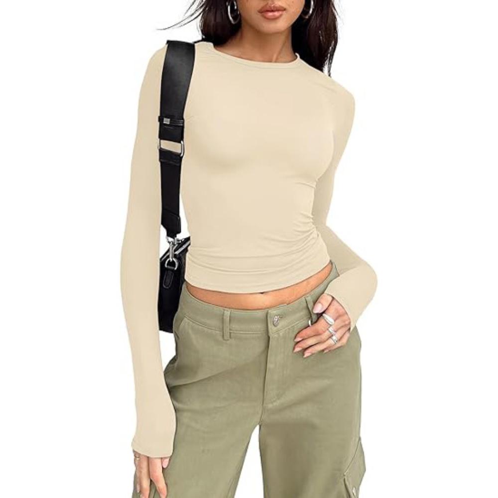 Women's Top for Spring and Autumn Base, Women's High-end Round Neck Long Sleeved Pullover, Slim Fit Milk Silk T-shirt