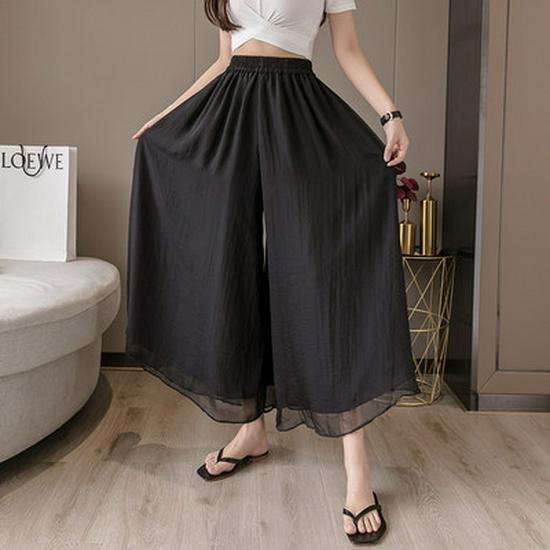 Women's Double-Layer Chiffon Wide-Leg Pants - Summer 2025, Elastic Waist, Casual, Slimming Nine-Point Length