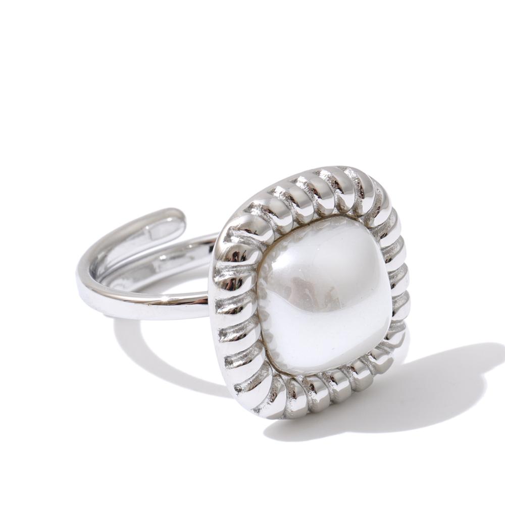 

Yhpup Korean Simulated Pearls Square Adjustable Ring Gold & Platinum Plated Stainless Steel Daily Chic Classic Jewelry for Women resizable