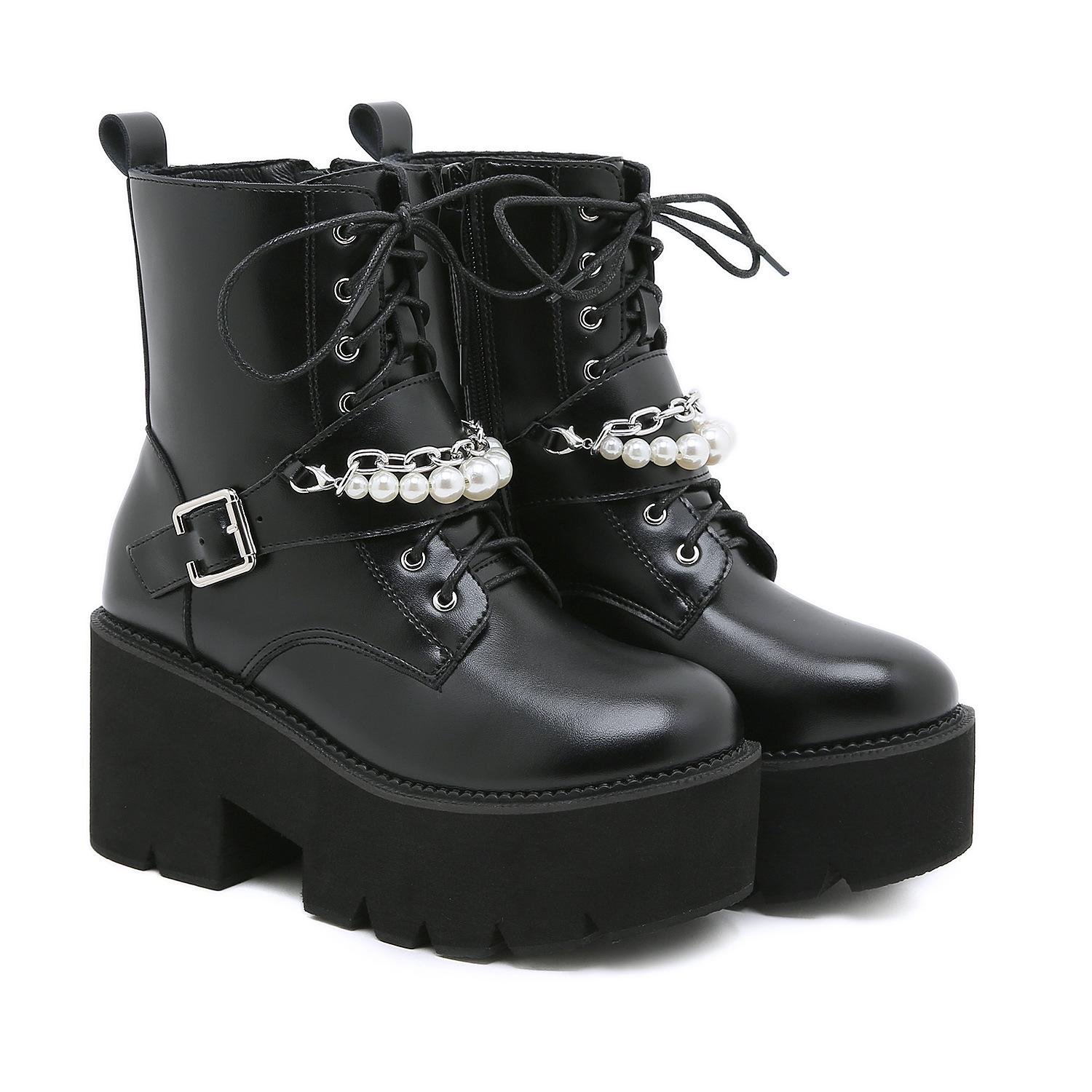 

Металлическая пряжка ремня, декоративная цепочка из жемчуга, шнуровка спереди, толстая подошва, короткие ботинки большого размера, боковая молния, ботинки Мартин 43 чёрный