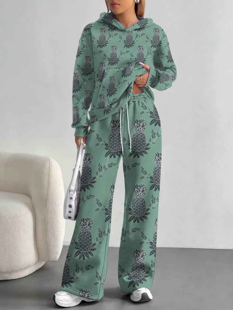 Broken Flowers European And American Autumn And Winter Casual Long-Sleeved Suit Women'S Hooded Sweater Trousers Two-Piece Set