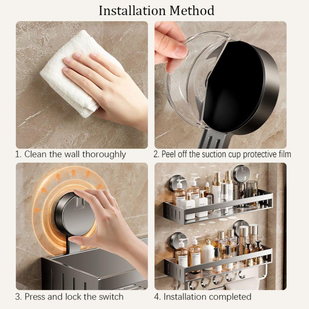 Carbon Steel Suction Cup Bathroom Rack No-punch Wall Mount Shower Storage Shelf 30/40CM Strong Load-bearing Capacity