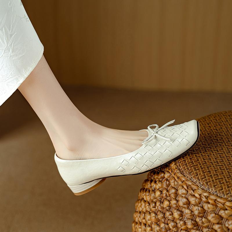 Fashion 2025 New Spring Women Pumps Genuine Leather Shoes for Women Fashion Shallow Butterfly-knot Square Toe Women Ladies Shoes