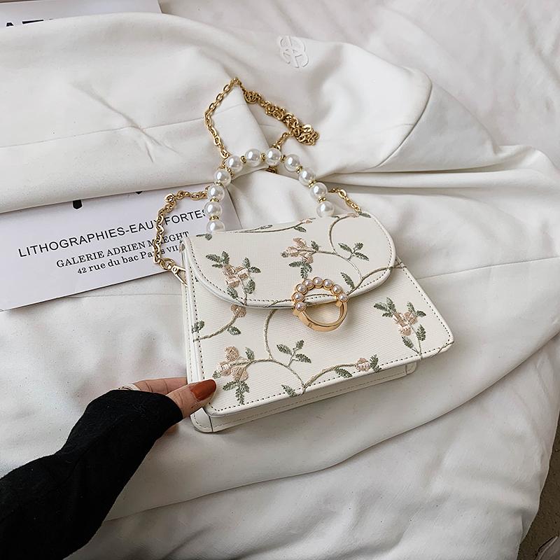 Women Crossbody Bag Flower Embroidery Pearl Chain Decor Pu Leather Female Shoulder Bag Spring Summer Fashion Flap Handbag
