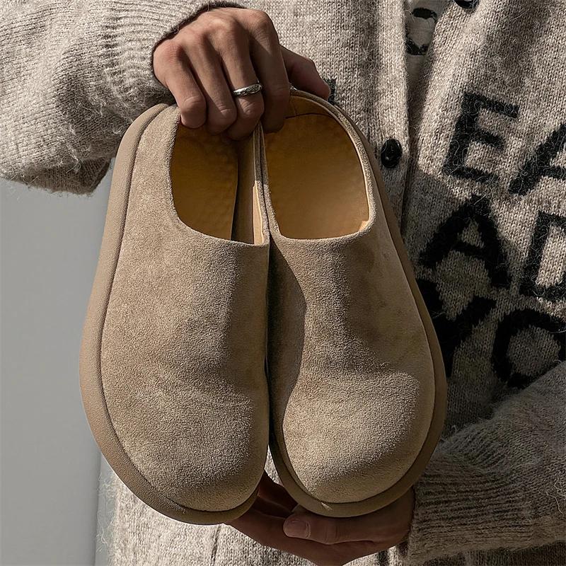 Fashion Versatile Casual Leather Muller Shoes Fashion Male Slippers Outdoor Suede Slip On Flats Leisure Walk Half Drag Loafers Sandals