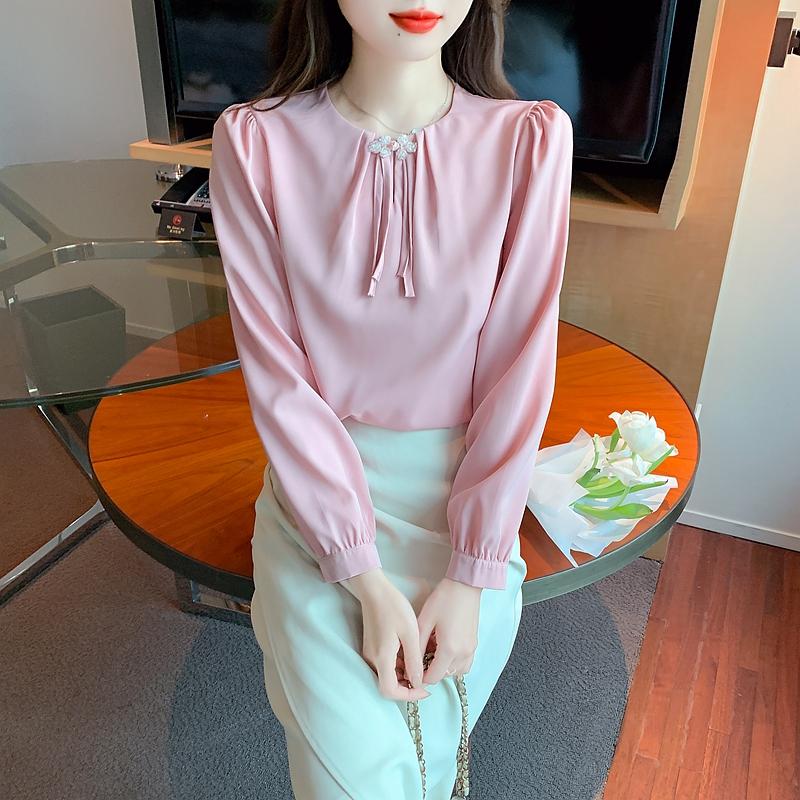 Fashion New 2024 Autumn Long Sleeve O-Neck Office Lady Pink Chiffon Blouse Shirt Women Tops Blouses Shirts J477