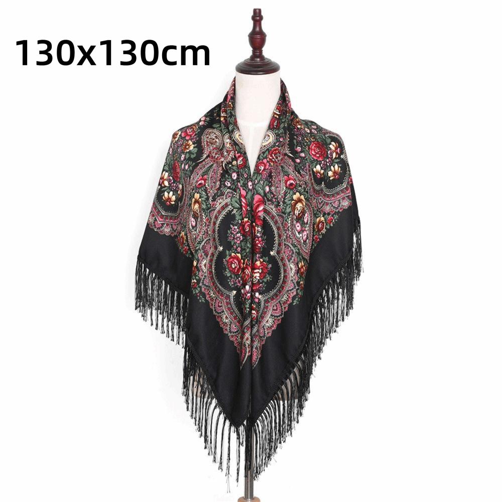 Cotton Twill Square Scarf 130x130 cm Ethnic Style Scarf Vintage Fringed Shawl Travel