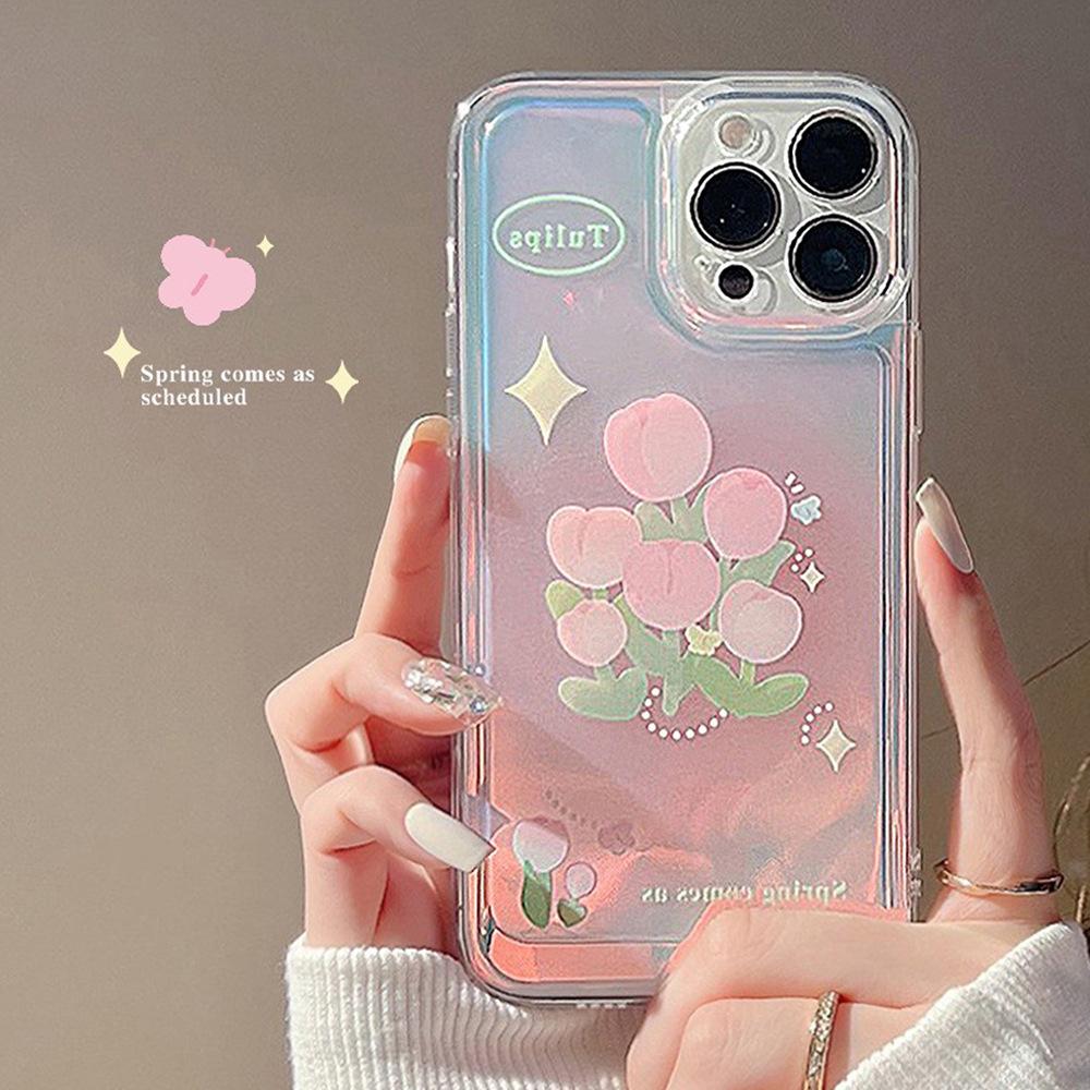 Pink Tulips Suitable for IPhone16 IPhone Case 17pro Max All-inclusive 11 Silicone 15 Laser XR Case