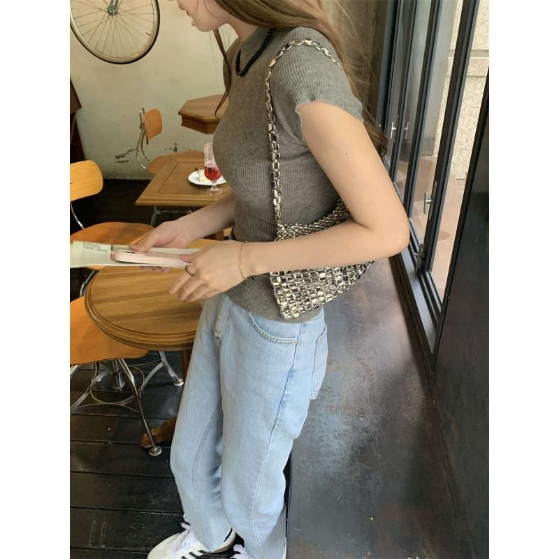 Knitted Short-sleeved Summer Slim-fitting Right-shoulder Fashionable and Versatile Thin Top with Design