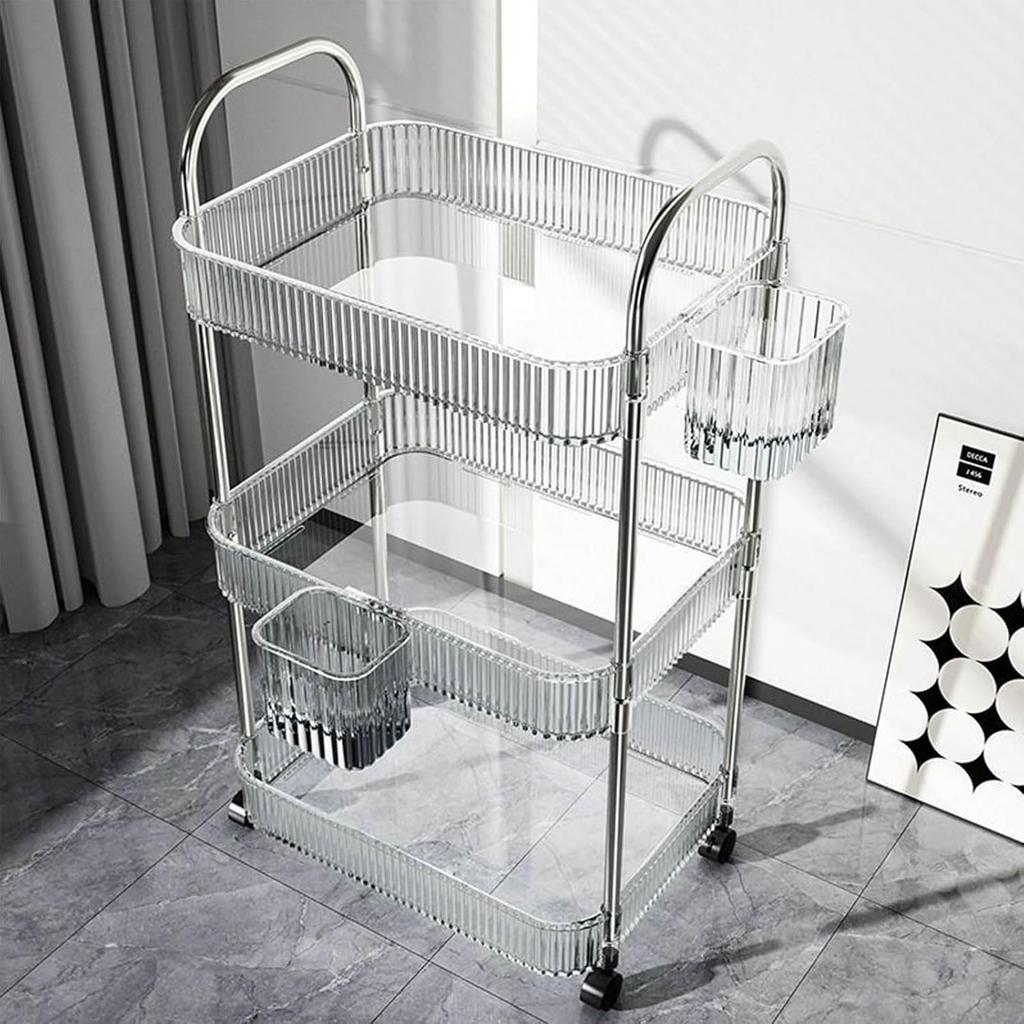 Acrylic Rolling Utility Cart, Clear Storage Carts with Wheels,Mobile Trolley Cart with Handle and 2 Hanging Baskets,Multifunctional Storage Organizer