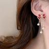 Women's Three Pearl Drop Mini Ribbon Earrings [Silver Needle]