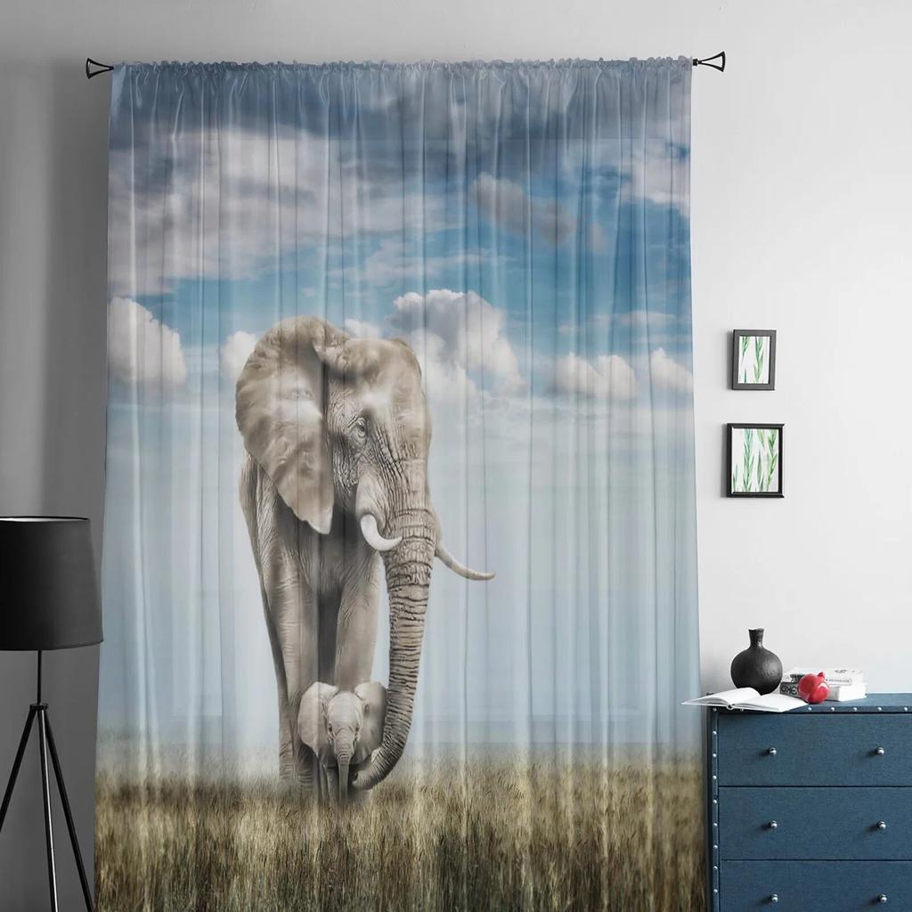 Animal Elephant Grassland Tulle Curtains For Living Room Bedroom Modern Chiffon Sheer Kitchen Curtains