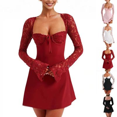 Elegantes Spitzenkleid für Damen, Spitzen-Patchwork, langärmelig, tief ausgeschnittenes Kleid, rückenfrei, Ausgehkleid
