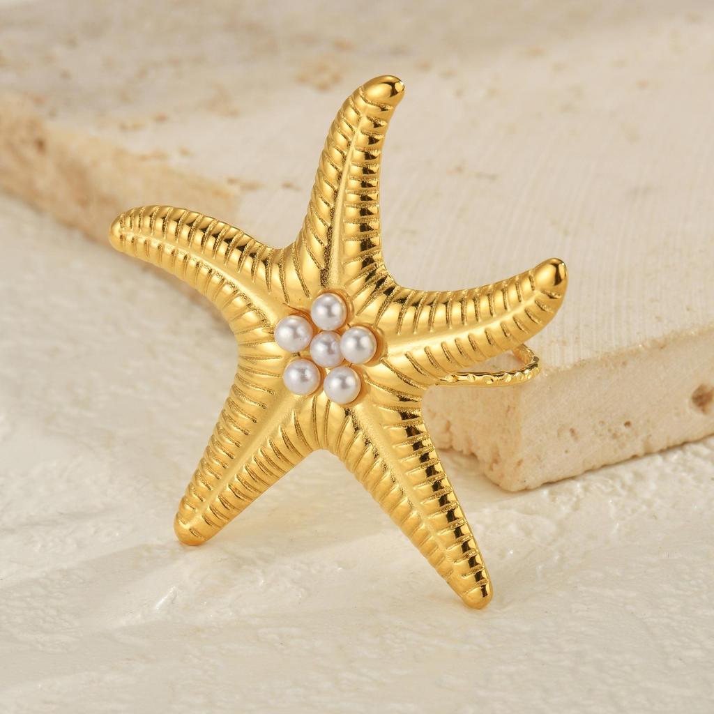 Anello Aperto INS Moda Acciaio Inossidabile Stella Marina Perla - Anello Dito Esagerato Placcato Oro 18K da Donna