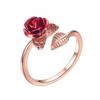 Anillo Abierto Flor Rosa Roja Hoja Flor de Pedrería para Mujer Anillo de Dedo Ajustable Joyería Regalo de San Valentín Compromiso