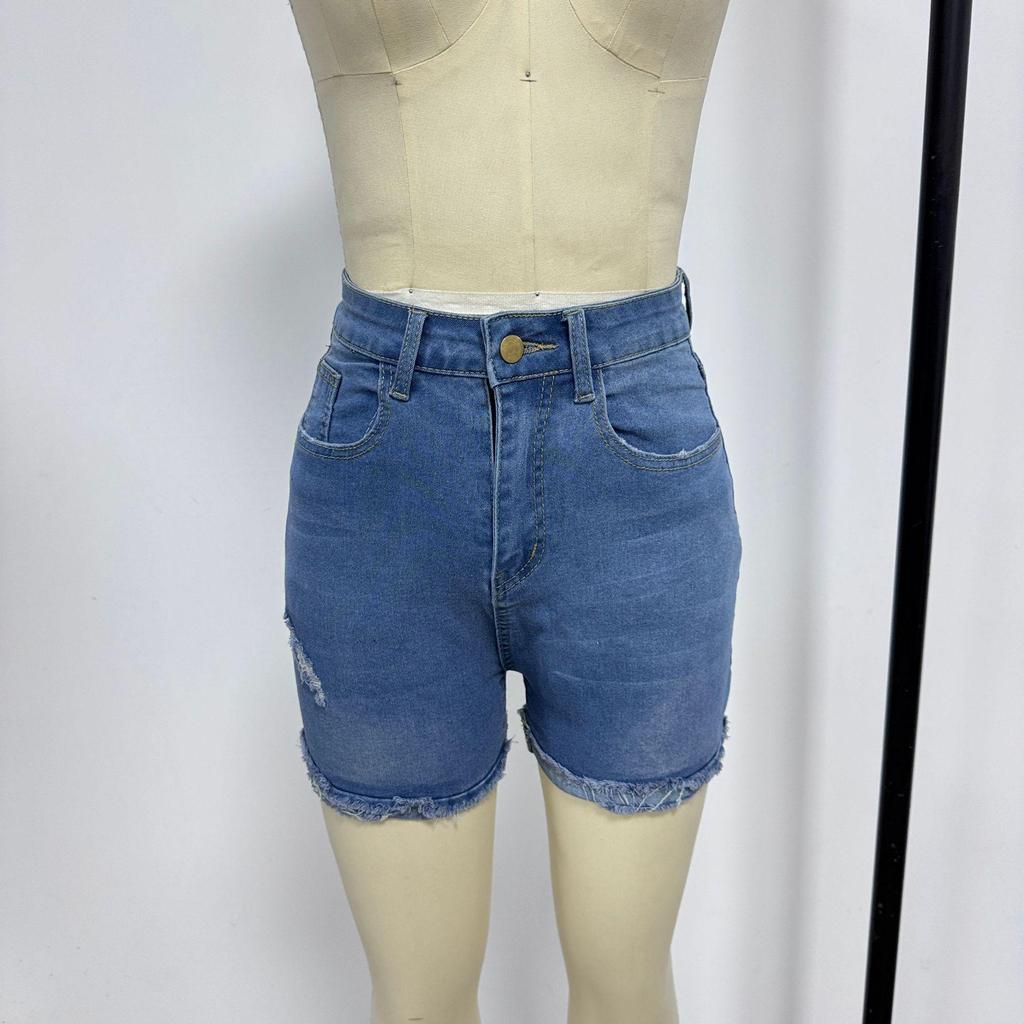 European & American Women's Handmade Ripped Light Blue Loose Denim Shorts