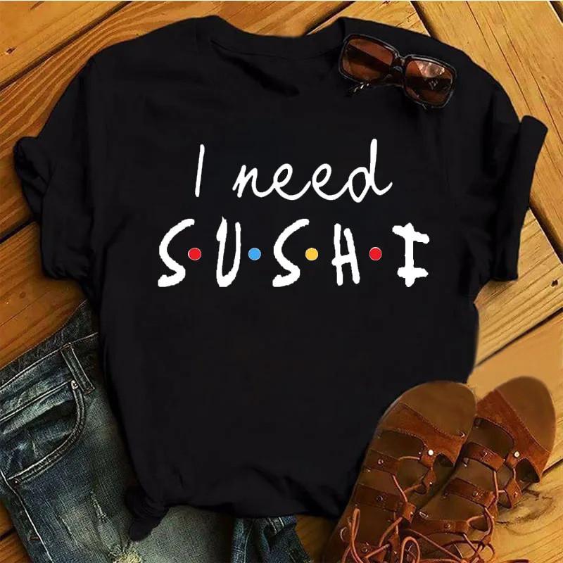 Cute Sushi hug Women T-shirts Summer black Short Sleeve T shirt girl femme O-Nock Kawaii Clothing Top tee Ladies Harajuku Tshirt