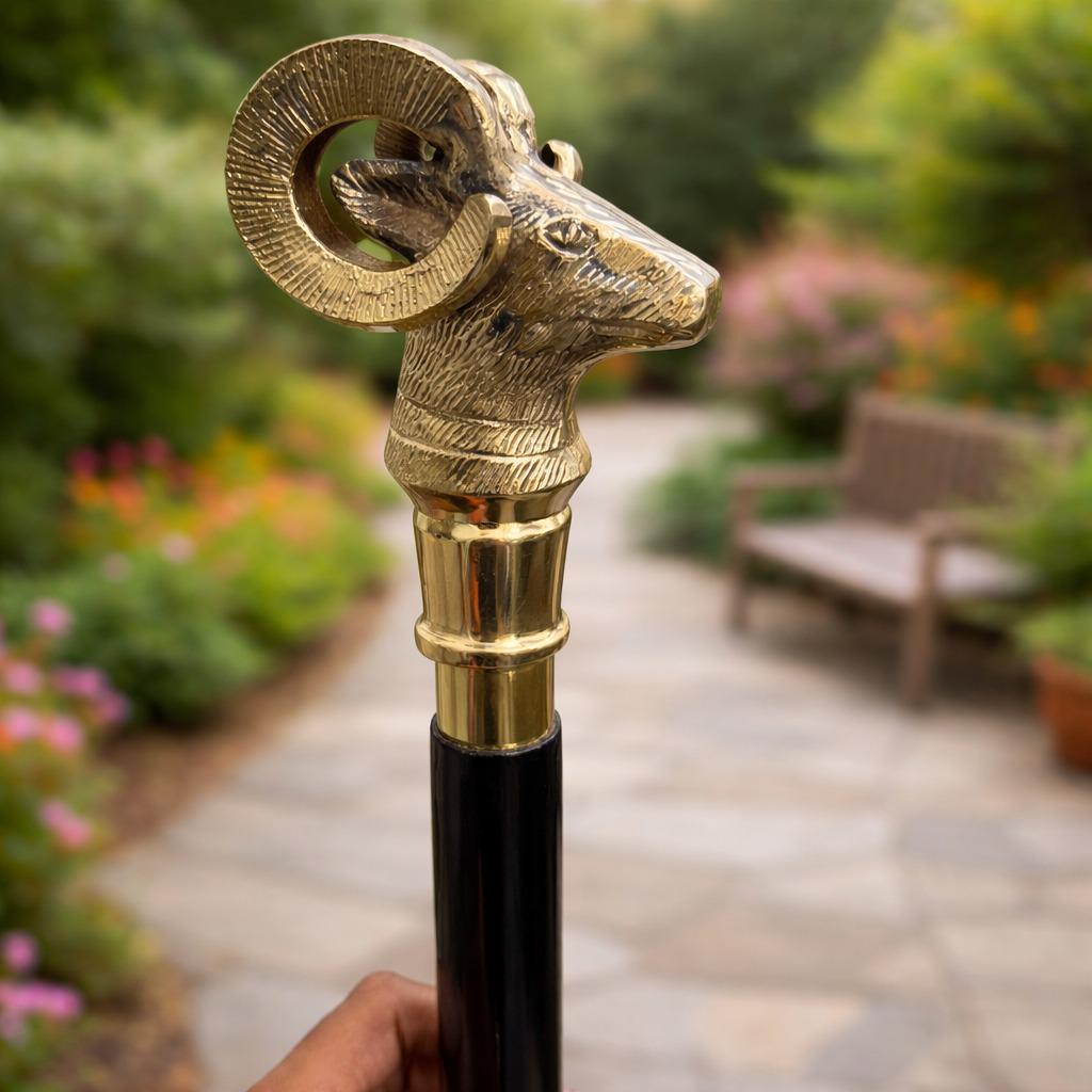 Brass Ram Head Walking Cane Luxury Handmade Black Wooden Gentleman’s Walking Stick