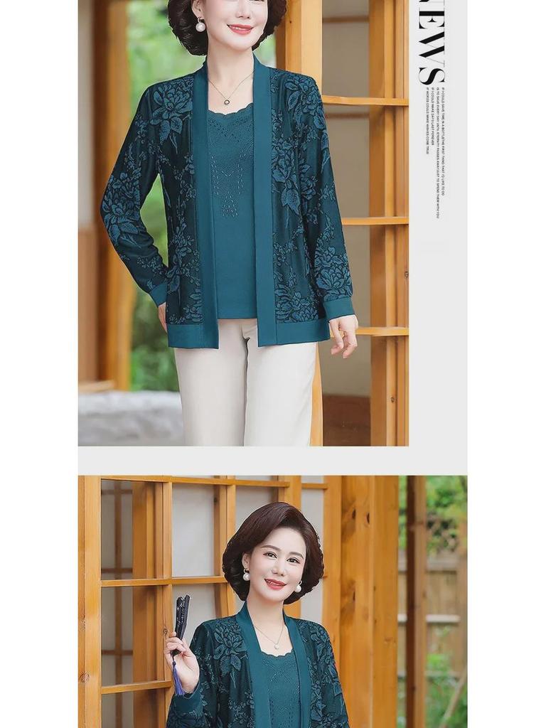 2024 Fashionable Two-Piece Set: Knitted Cardigan Coat for Middle-Aged and Elderly Women - Youthful Spring and Autumn Style