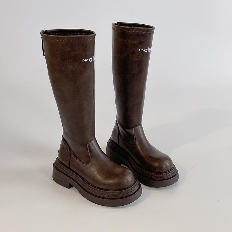 Simple letter thick heel boots women's autumn and winter fashion retro style thick-soled leather boots tall knight boots long boots