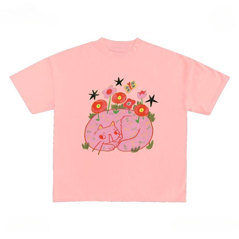 

Flowers and Cat Printed Pure Cotton T-shirt Men and Women with The Same Round Neck Cotton Short-sleeved Kawaii Y2k Kpop T-shirt 4XL
