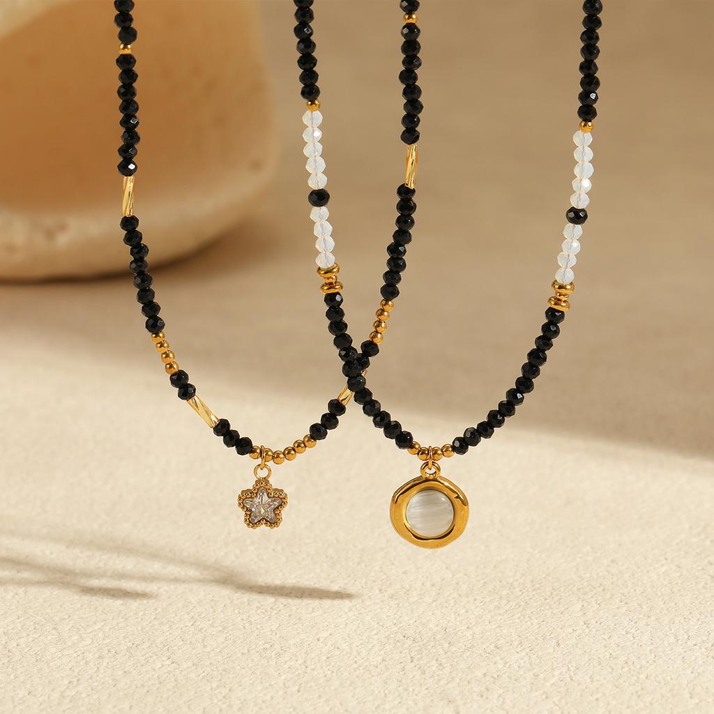 GEMCHIC Women's Layered Beaded Necklace with Star and Cat Eye Pendant - Stainless Steel Gold Tone Choker for Summer Fashion