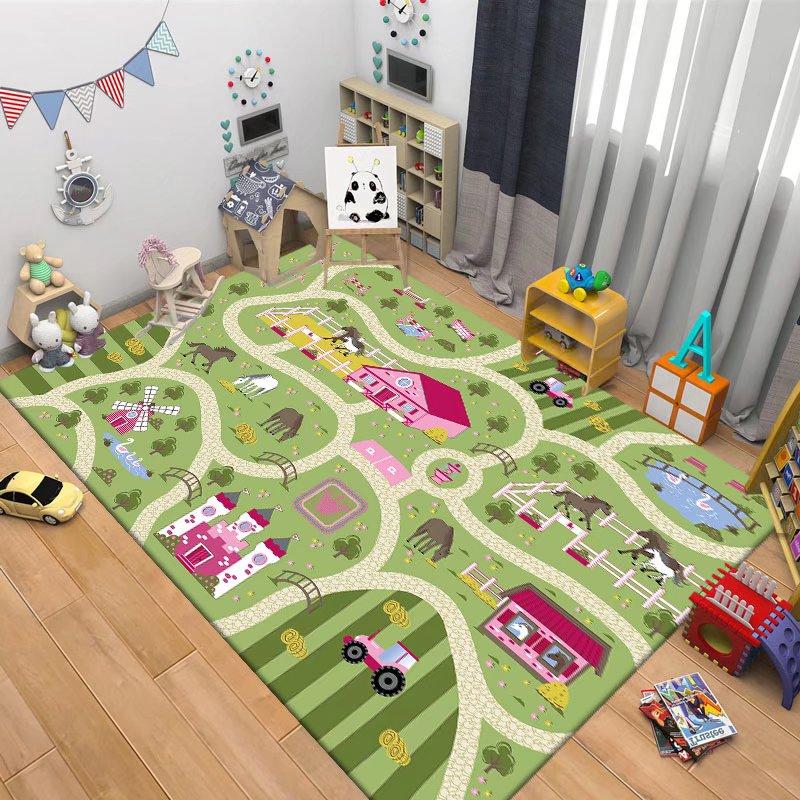 Kids Playroom Carpet Soft Non-Slip Baby Crawling Mat with Traffic Route Map Design for Bedroom Living Room