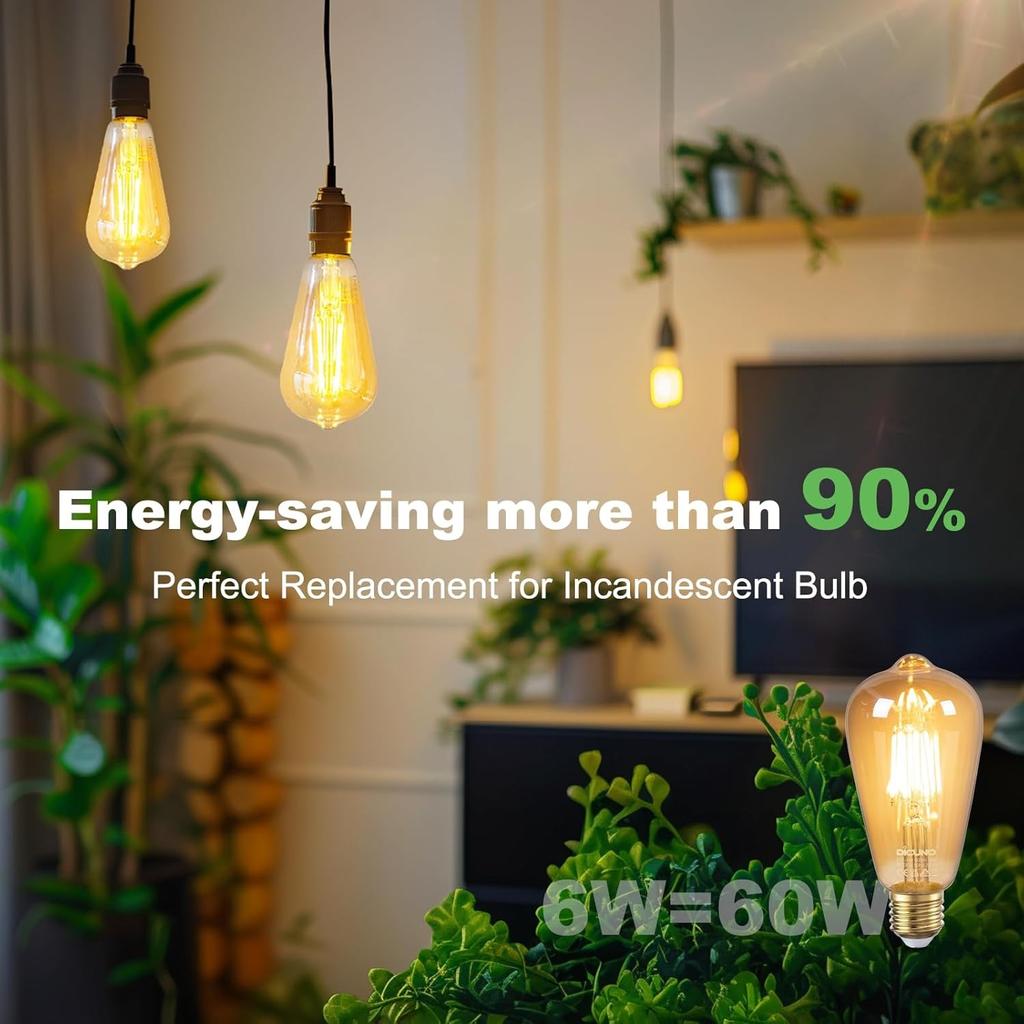 Vintage Light Bulb E27 Edison Screw Bulb, 6W Equivalent to 60 Watt, Retro Amber Glass Lamp, 2200K Warm White, Non-dimmable, ES LED Filament Lamp