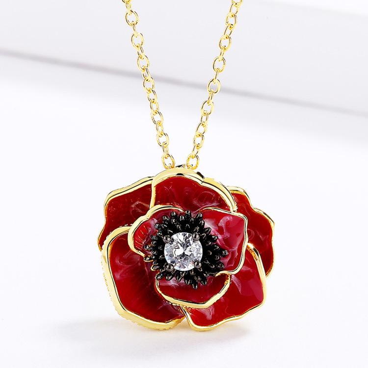 Exquisite Rote Epoxidblume Anhänger Damen Handgefertigt Emaille Halskette Pulloverkette Damenschmuck