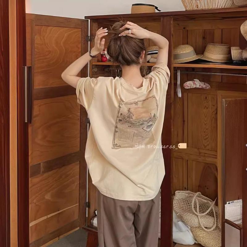 

Летняя винтажная футболка из хлопка с круглым вырезом, повседневная модная, пуловер, женская, с коротким рукавом, свободная, универсальная M хаки