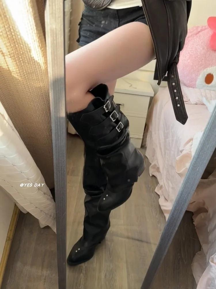 Retro Western Cowboy Boot Women's Pointed Long Boot Faionable High Top PU Leather Autumn New