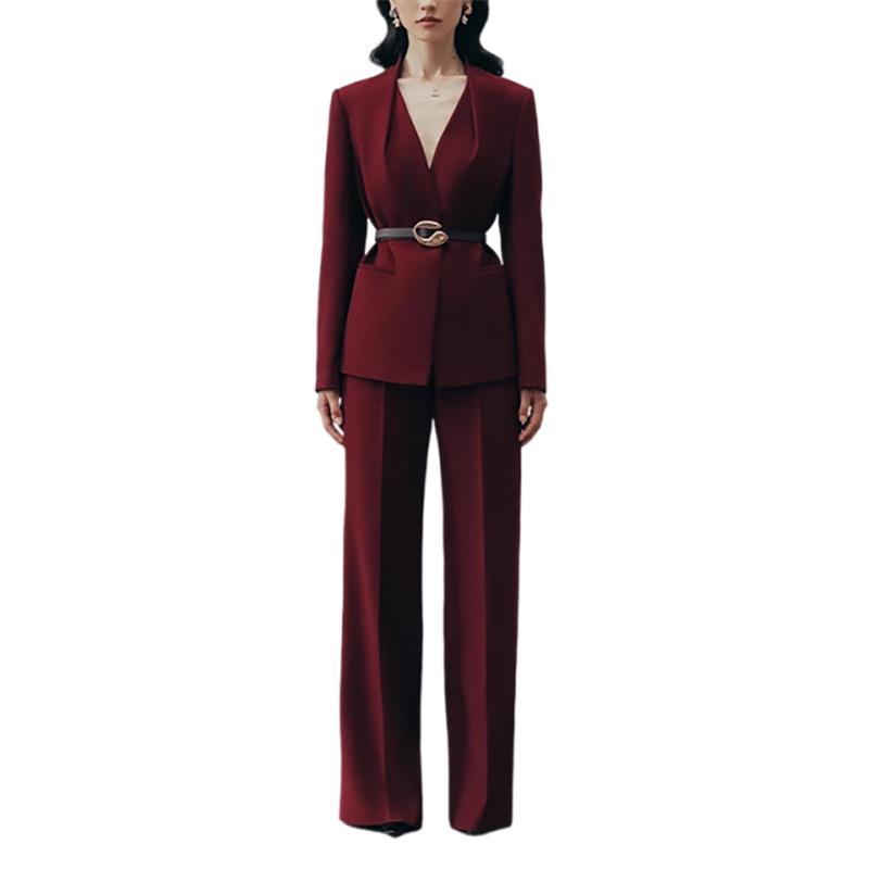 Women's Burgundy High-End Suit Set: Spring/Autumn 2025 Street Style with Wide-Leg Pants