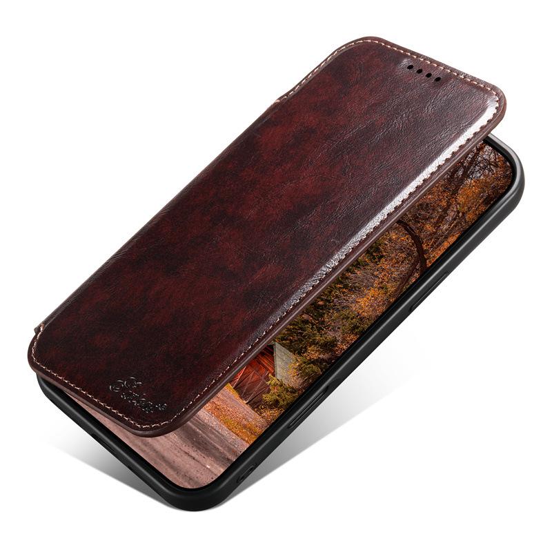 Magnetische Klapp-Brieftaschenhülle für iPhone 12/13 - Ölwachs-Leder, Magnetisches Laden, Kompatibel mit Apple 16/17 Pro Max