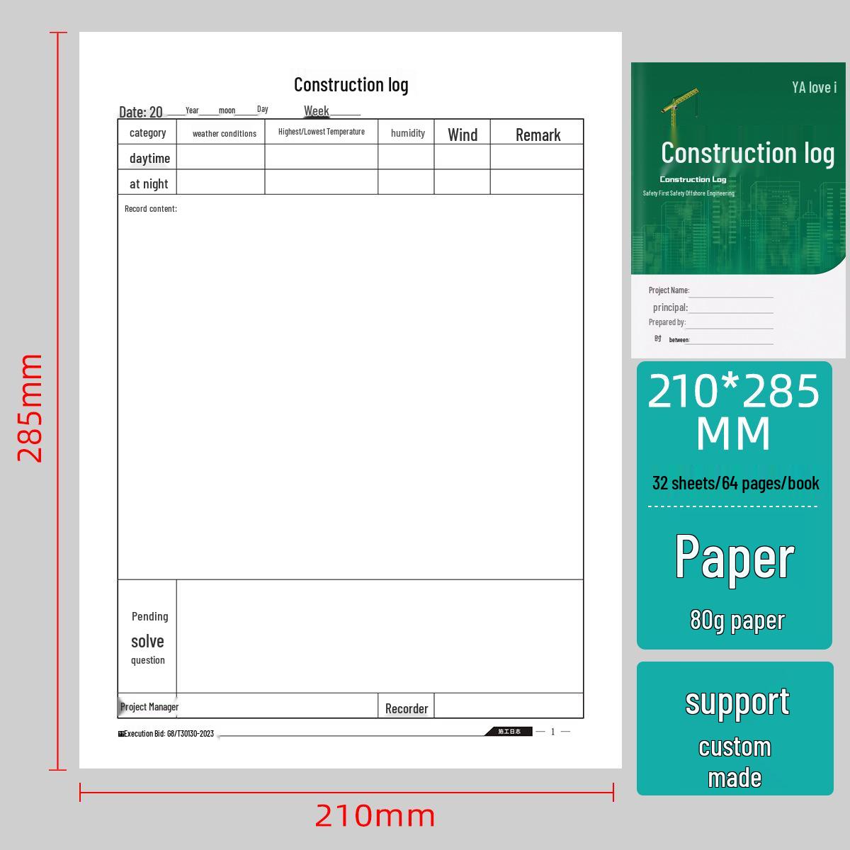 New Edition Construction Logbook: Customizable Project Diary for Progress and Supervision. 32 Sheets, 64 Pages