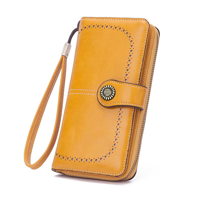 Women's Retro Oil Wax Leather Long Wallet - Hollowed-out Design, Multi-functional, Large Capacity Phone Bag