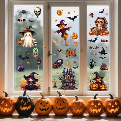 3D Halloween Fensteraufkleber Set - Pvc Statisch Haftende Halloween Aufkleber Mit Schloss, Fledermäusen, Hexe, Kürbissen - Wiederverwendbares Doppelseitiges Glas