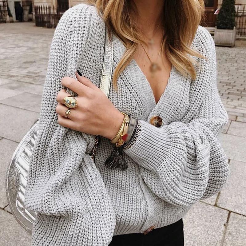 Women Autumn Winter Solid Color Cardigan Sweater Knitted Outerwear