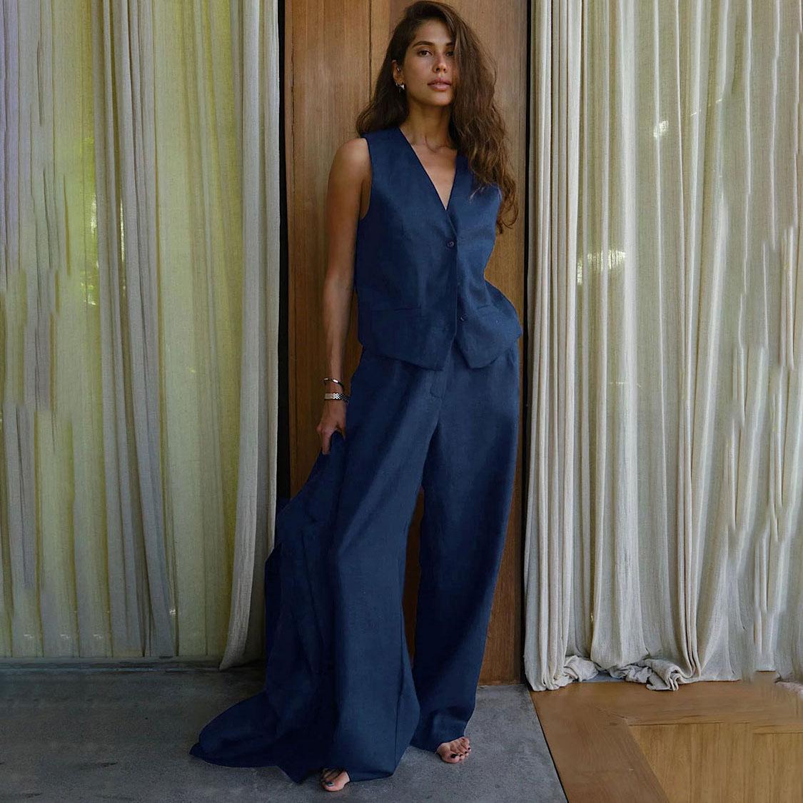 

Женские свободные прямые брюки на весну и лето, костюм, брюки L темно-синий