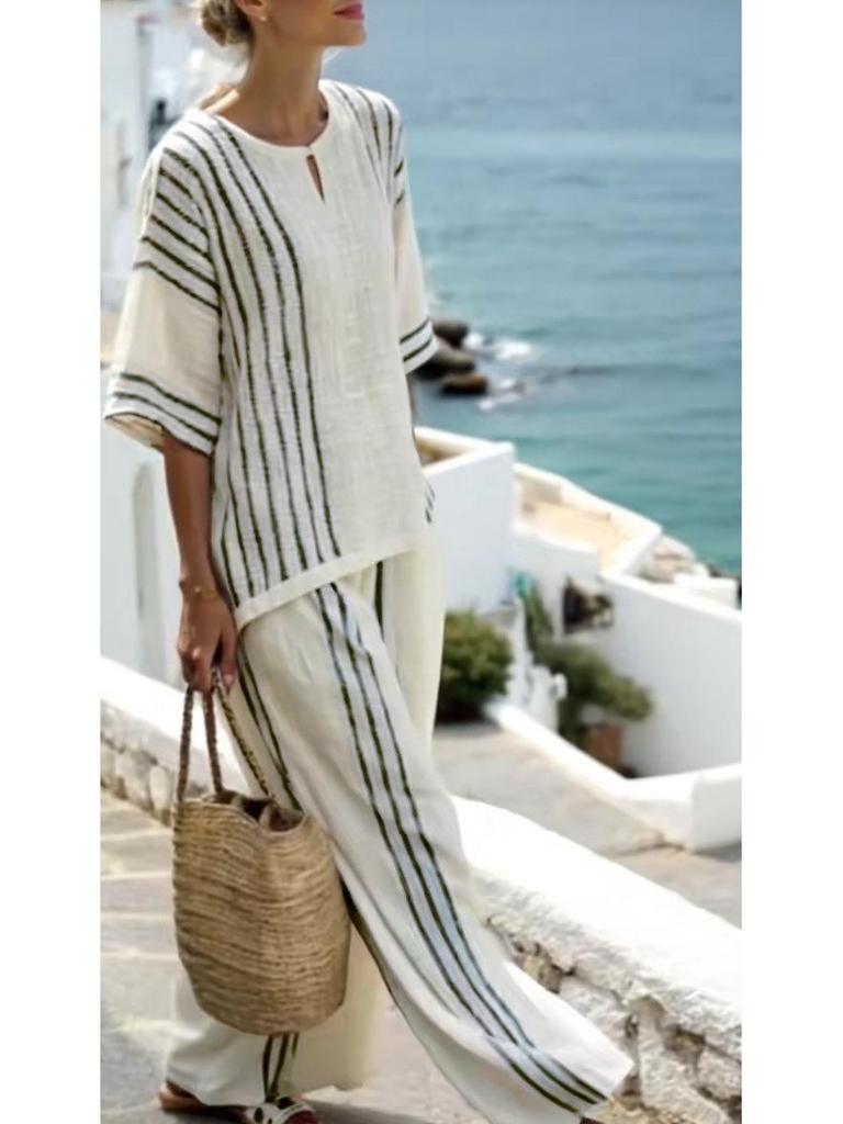 European & American Style Women's 2-Piece Set: Striped Short Sleeve Linen Cotton Top with Round Neck & Casual Pants, 2025