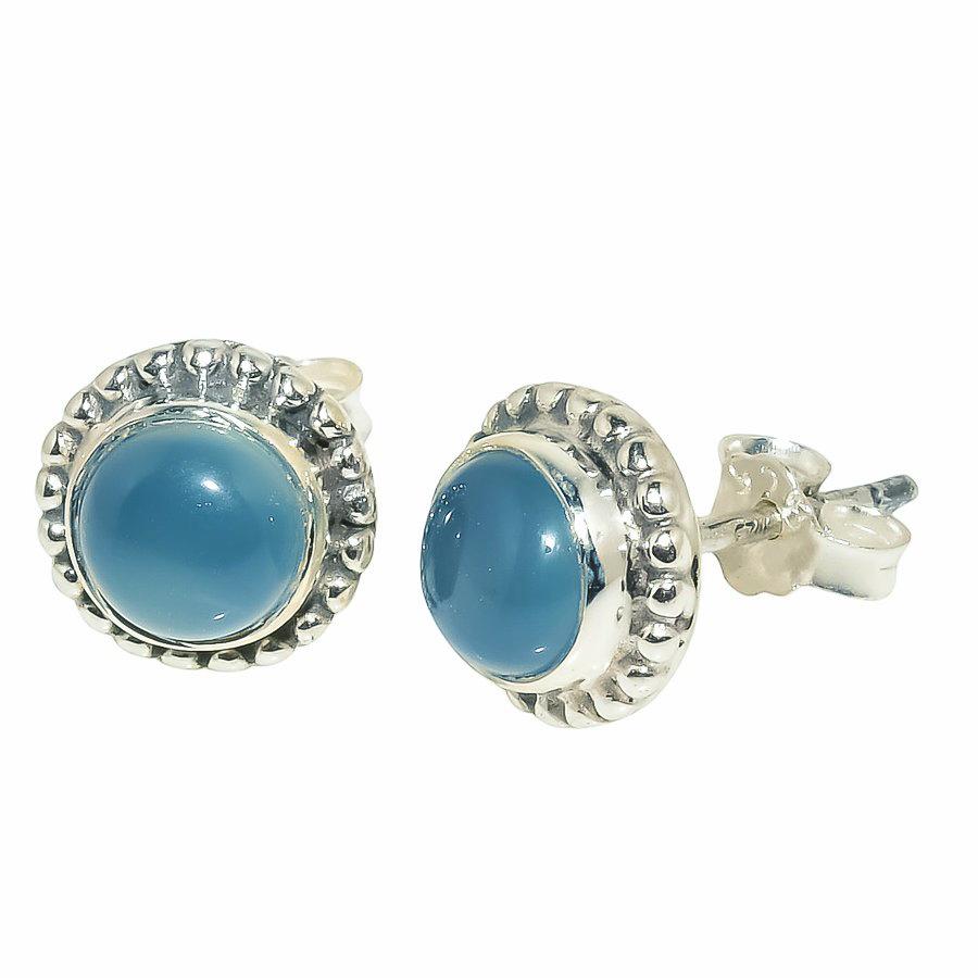 Natural Aqua Chalcedony Gemstone Handmade 925 Sterling Silver Stud Earrings U6s19