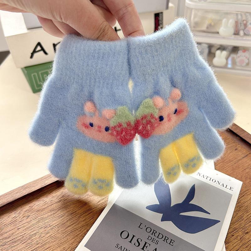 Cartoon gloves grass plum rabbit children's gloves baby full finger thickened warm year old full finger children new gloves cartoon