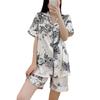 Pajamas Women'S Short-Sleeved Shorts Lapel Cardigan Cool Ice Silk Loungewear Antique Ink Painting Two-Piece Set
