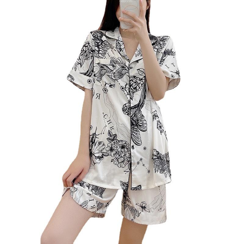 Pajamas Women'S Short-Sleeved Shorts Lapel Cardigan Cool Ice Silk Loungewear Antique Ink Painting Two-Piece Set