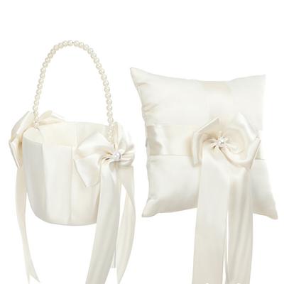Flower Girl Basket Ring Bearer Pillow Set Romantic Satin Bow Pearls Ring Pillow For Wedding Ceremony Party Decor