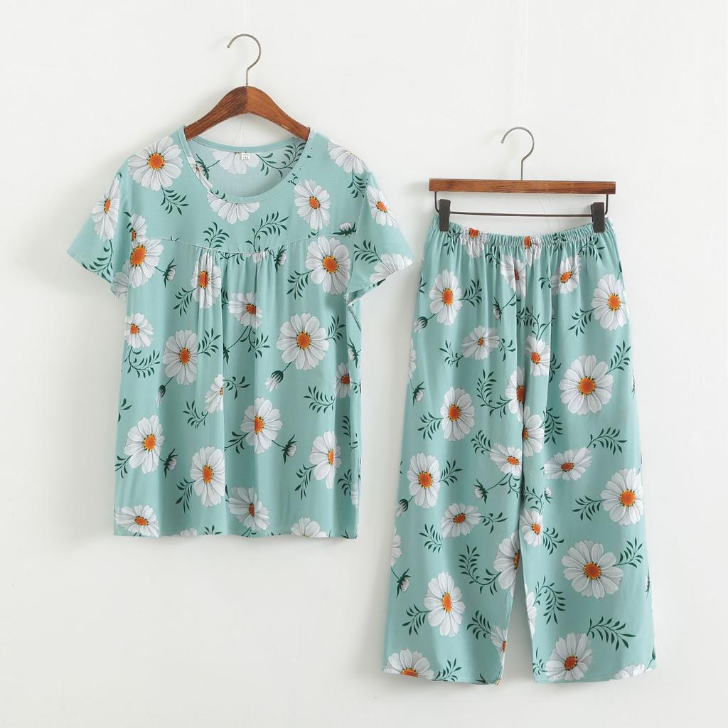 Baumwollseidenset Kurzarm-Caprihose für Damen mittleren Alters und ältere Frauen im Sommer, dünnes Oberteil, cooles Zuhause