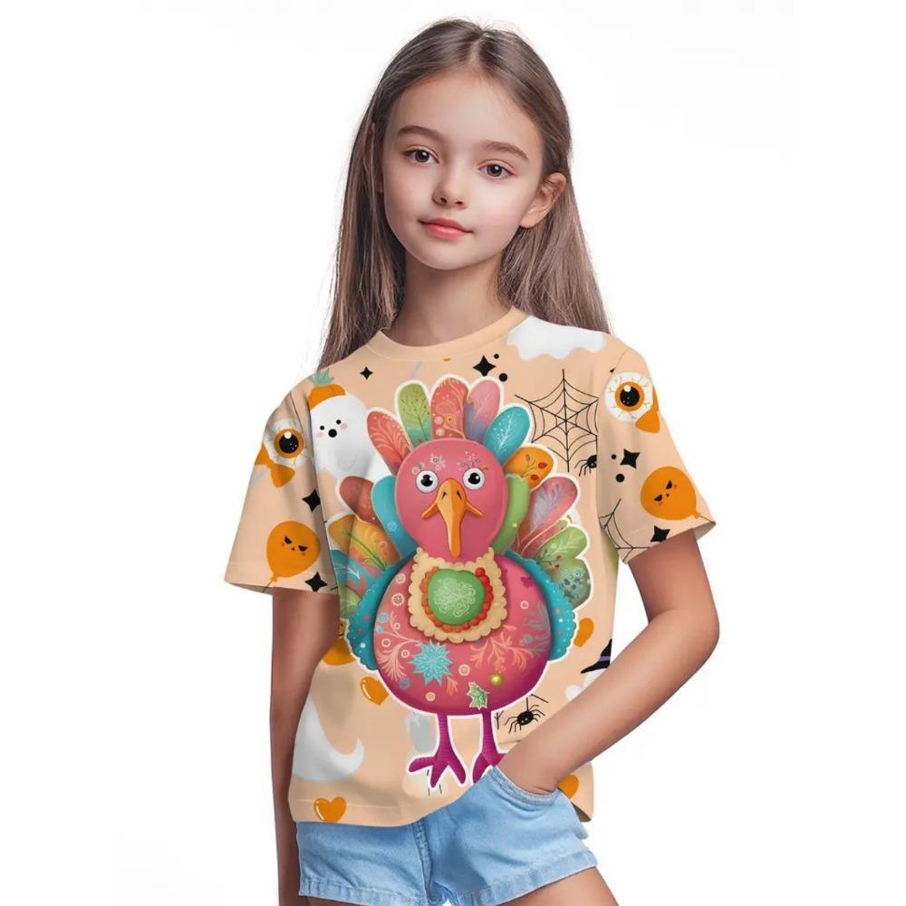 Girls' Clothing Thanksgiving Turkey 3D Printed Short Sleeved T-shirt Casual Holiday Cartoon Boy T-shirt Summer Children's Top