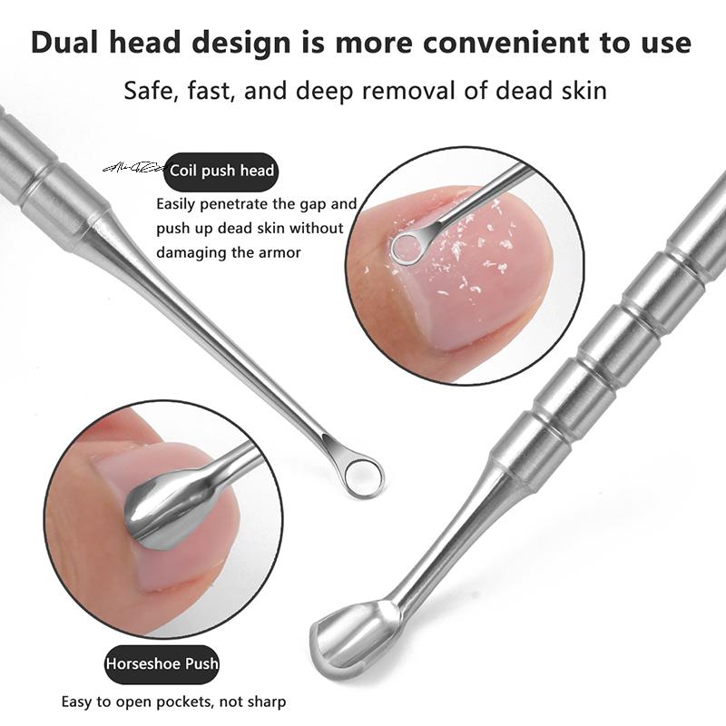 1Pc Stainless Steel Double-Ended Nail Care Tool Cuticle Pusher Remover Manicure Cleaner Circle & Horseshoe Header