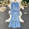 Autumn Winter Women Elegant V-neck Knitted Sweater Metal Button Christmas Party Long Midi Fishtail Dresses